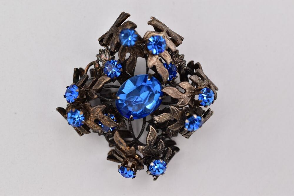 Vintage Austrian Blue Crystal Pin Brooch 3D Flower Gunmetal Tone 1960s BinBI